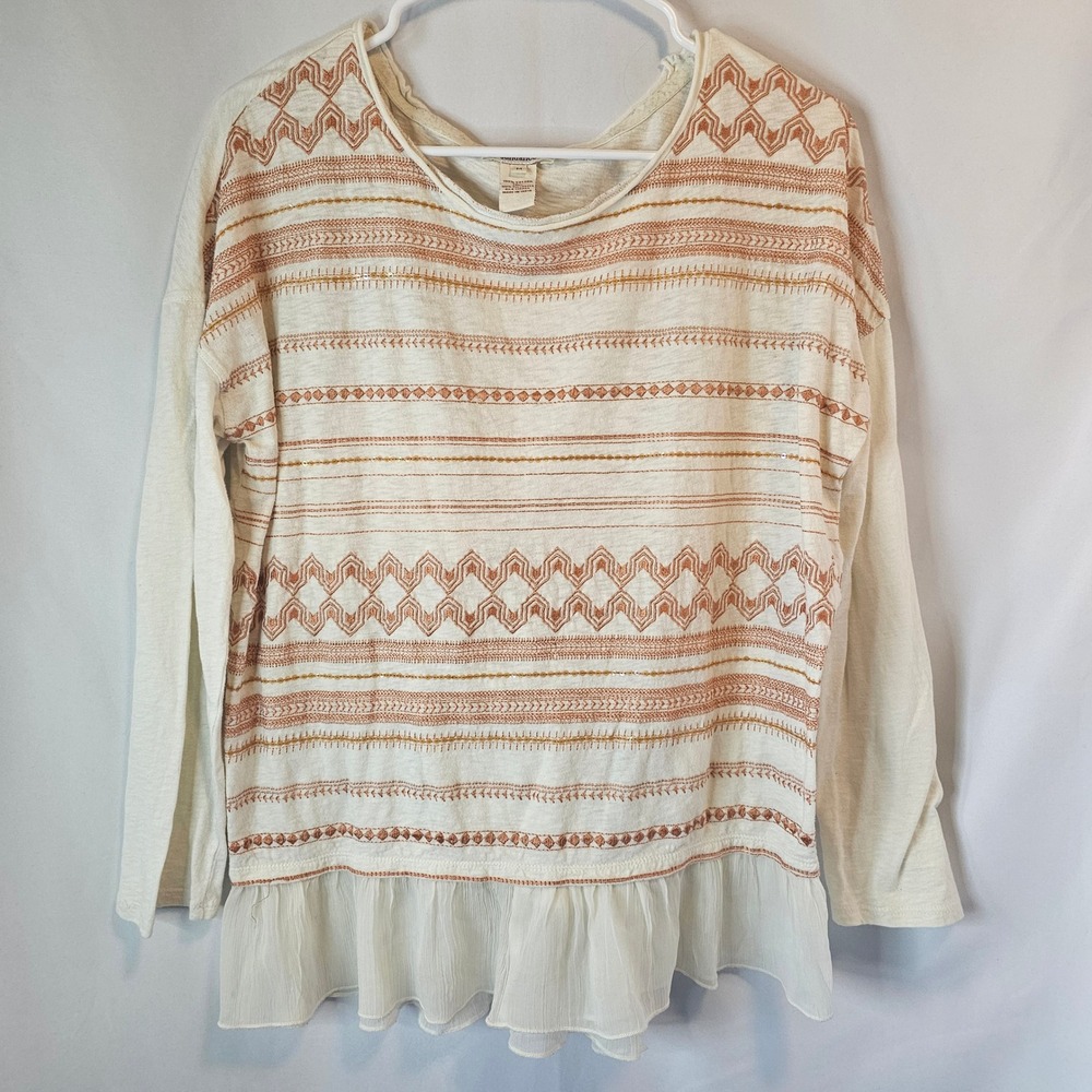 Sundance Women Medium Embroidered Sequin Peplum Top Cream Terracotta Boho Cotton